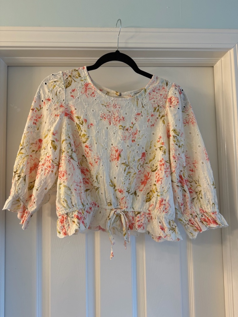 American Eagle Outfitters White Floral Eyelet Peasant Top with Pink Accents